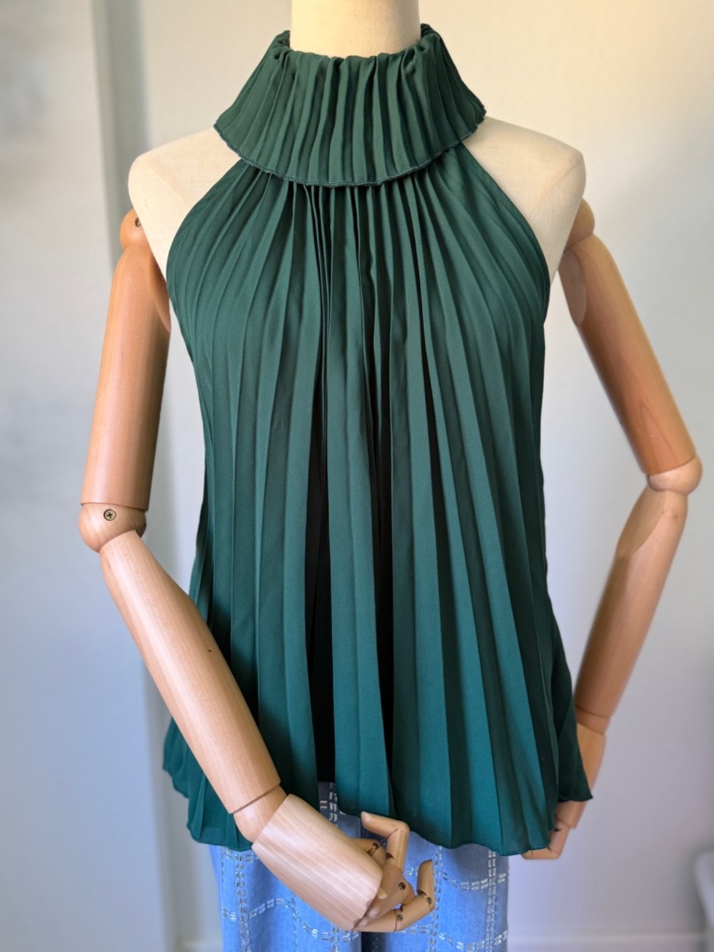 Pleated High-Neck Camisole in Deep Green